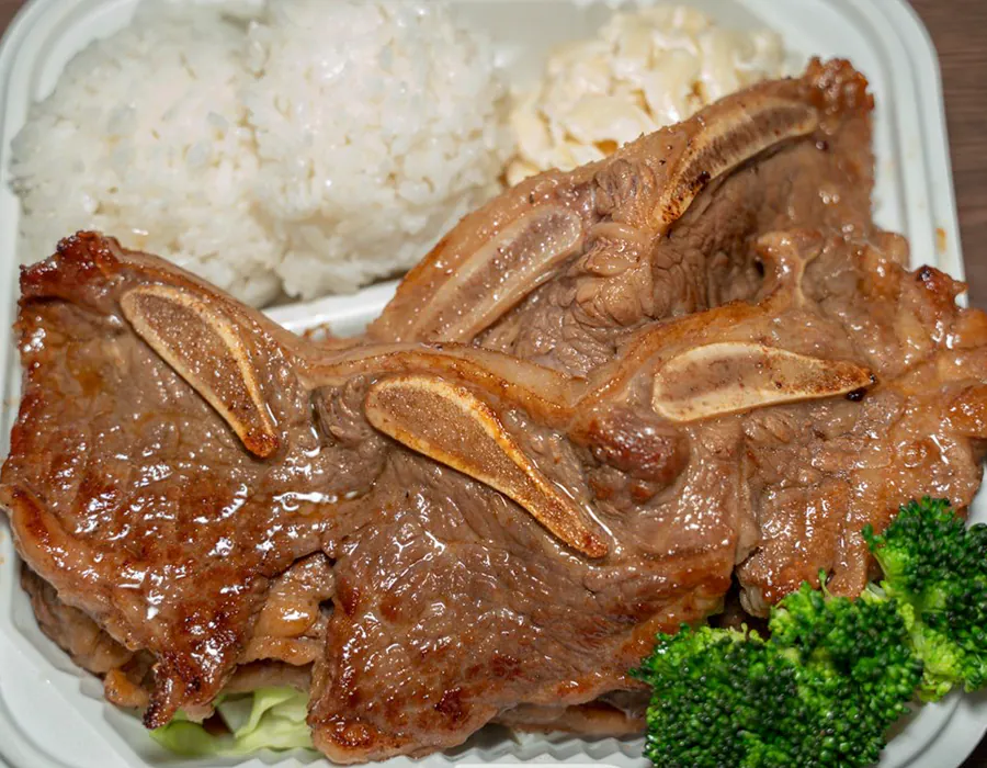 Marinated kalbi short ribs with rice, mac salad at Moana Hawaiian BBQ Restaurant in Fairfield