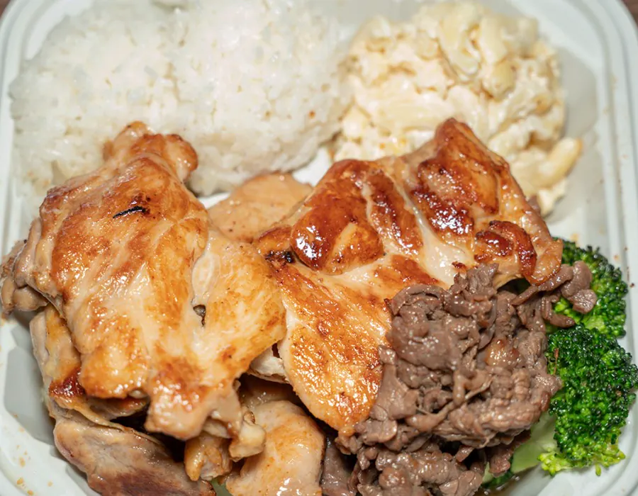 Grilled chicken and beef with rice, mac salad at Moana Hawaiian BBQ Restaurant in Fairfield