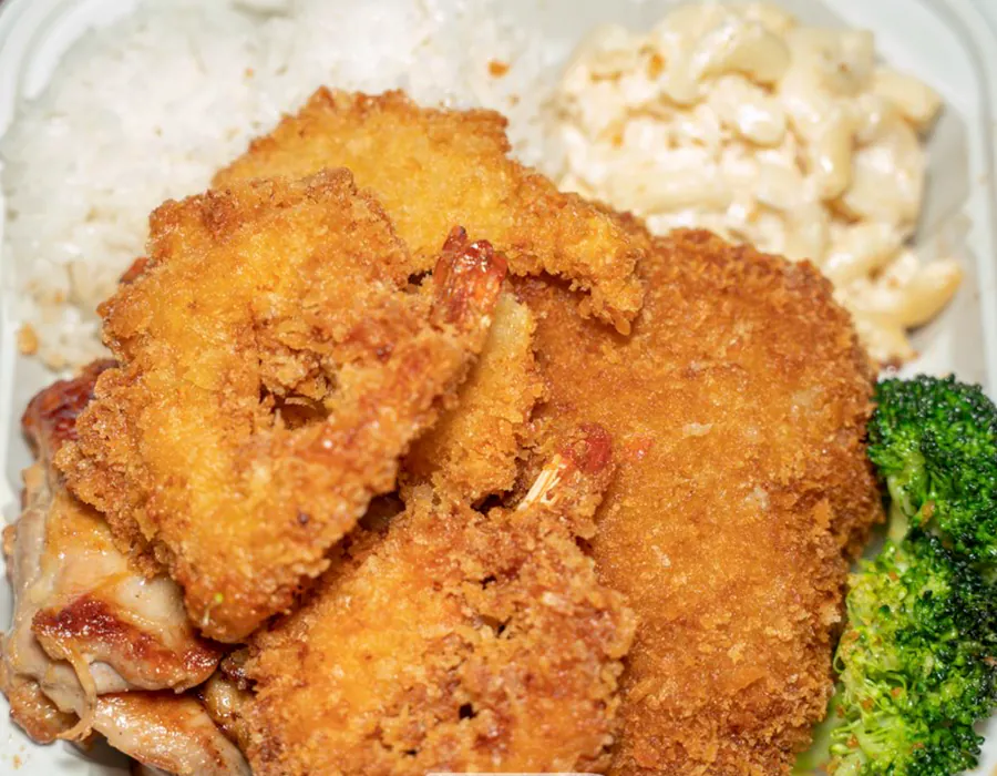 Fried shrimp, chicken katsu and grilled chicken with sides at Moana Hawaiian BBQ Restaurant in Fairfield