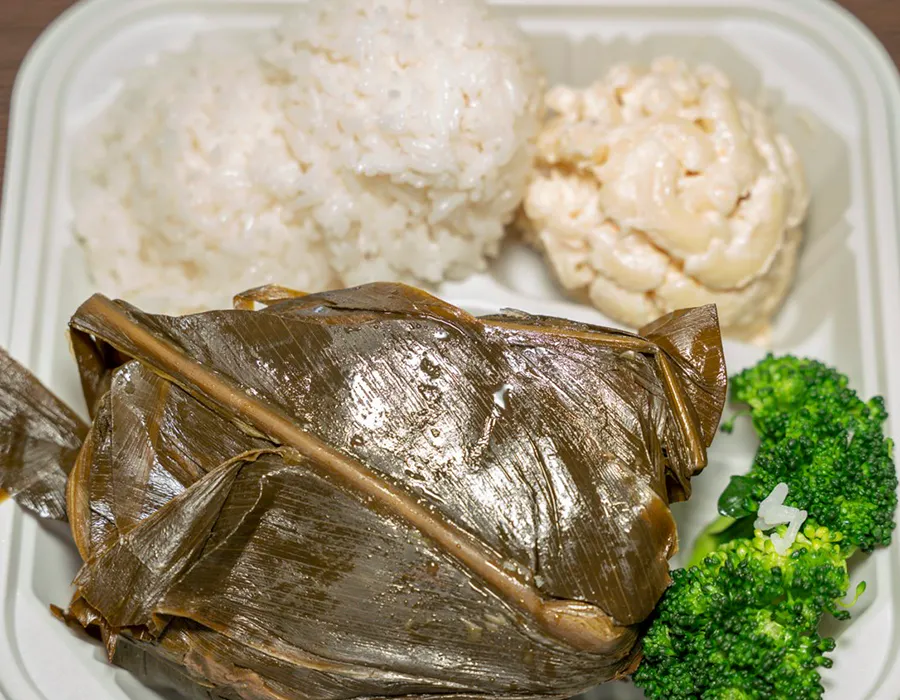 Traditional laulau wrapped in taro leaves with rice, mac salad at Moana Hawaiian BBQ Restaurant in Fairfield