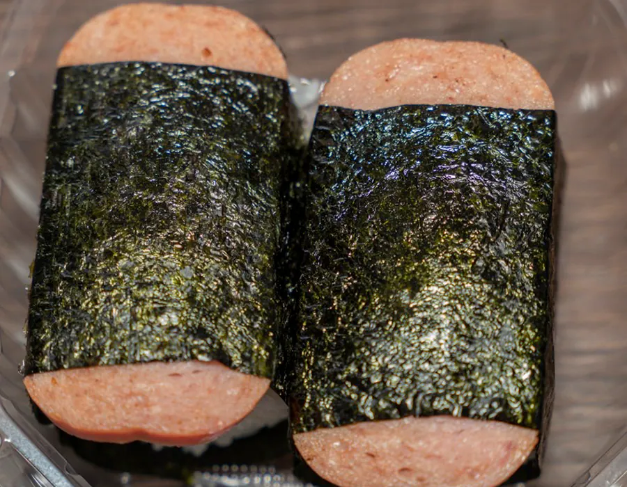 Spam musubi wrapped in nori with sushi rice at Moana Hawaiian BBQ Restaurant in Fairfield