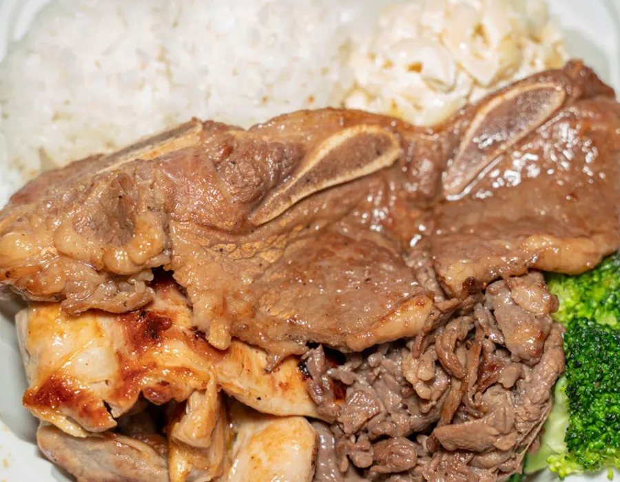 Kalbi short ribs, chicken and beef with rice, mac salad at Moana Hawaiian BBQ Restaurant in Fairfield