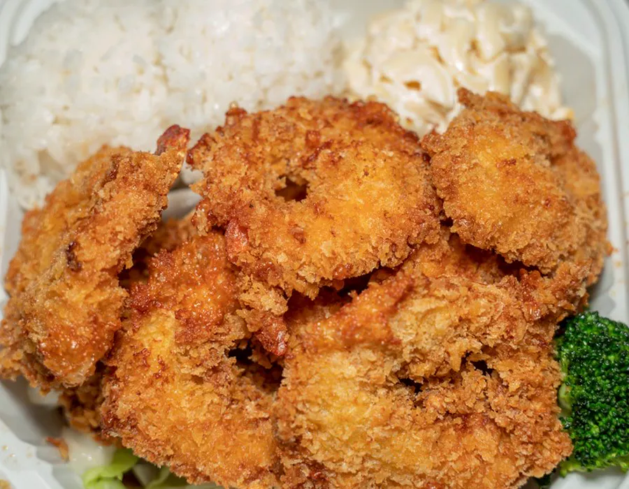 Crispy fried shrimp with rice, mac salad and broccoli at Moana Hawaiian BBQ Restaurant in Fairfield